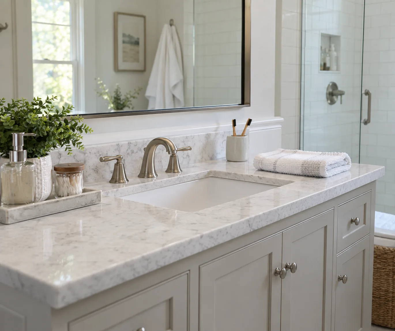 Bathroom vanity with towels and a mirror