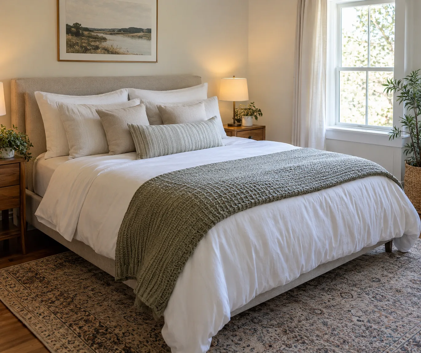 Neatly made bed in a bright bedroom