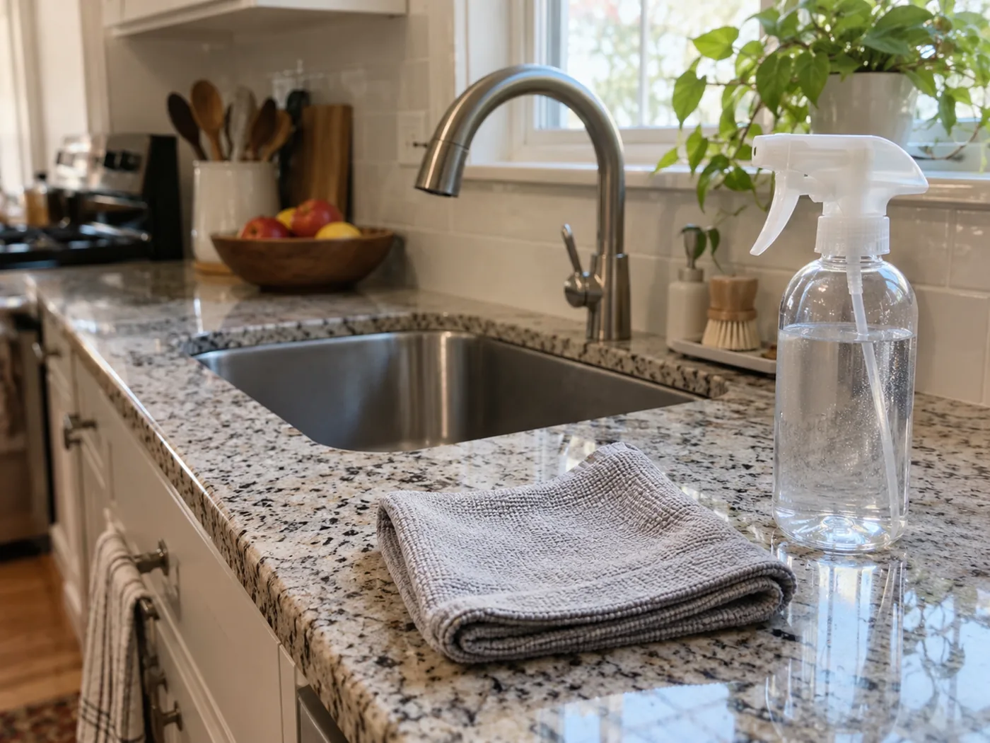 Clean kitchen counter and sink with a folded cloth