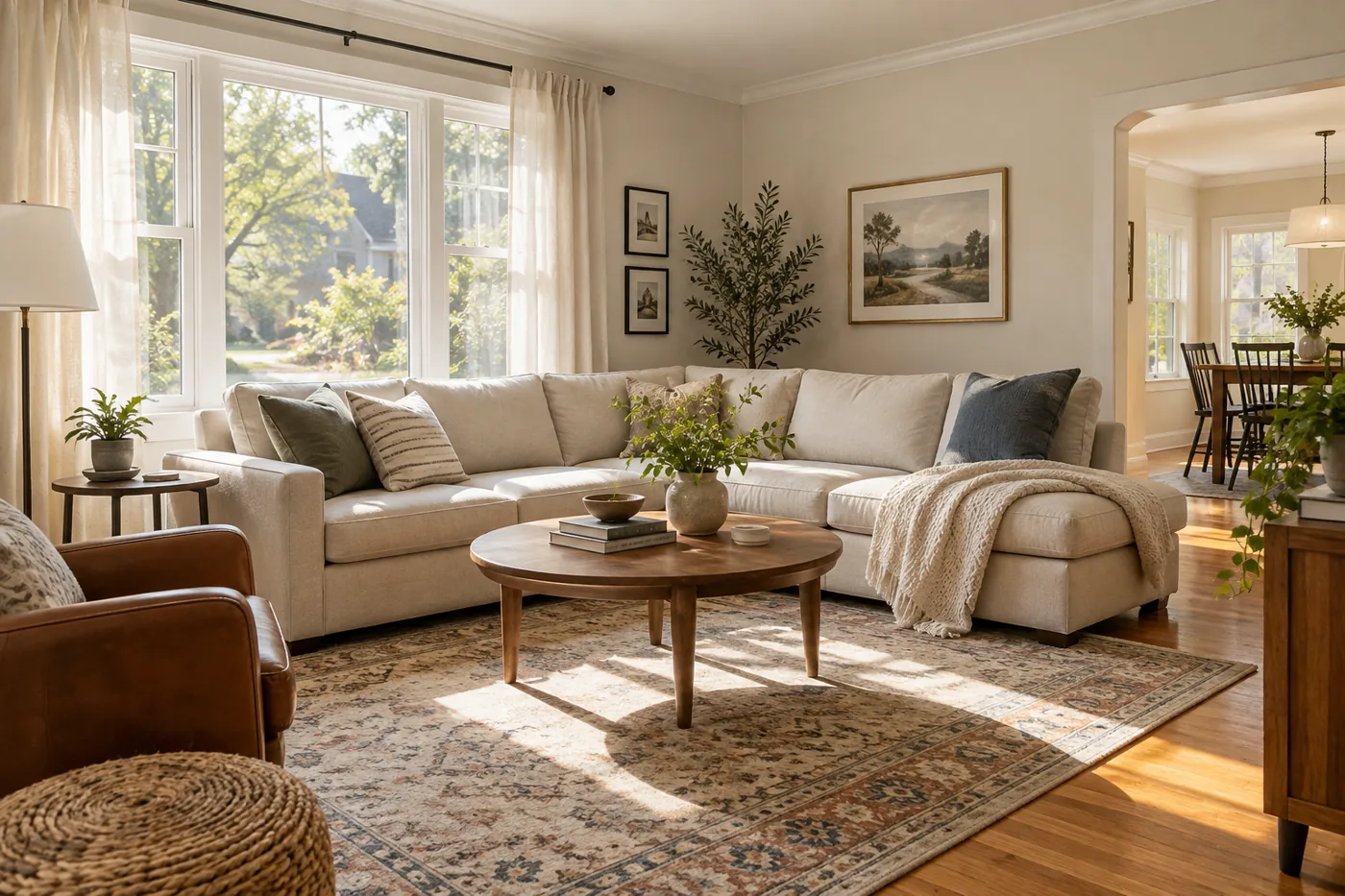 Bright living room with a sofa, plants, and warm daylight